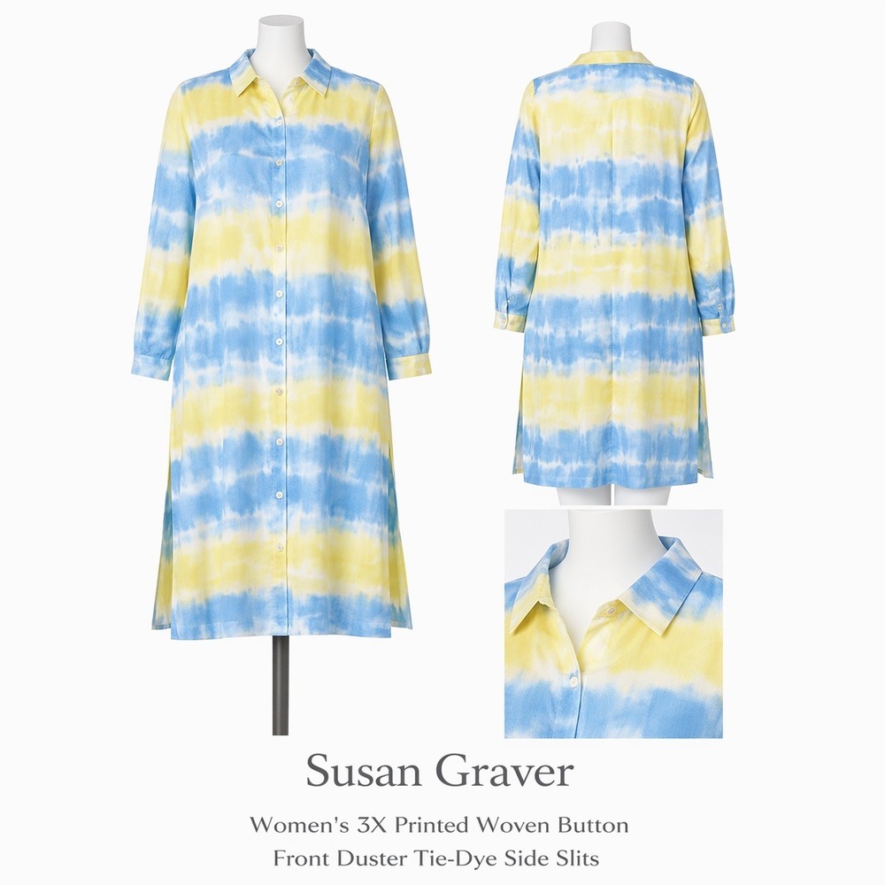 Susan Graver Womens 3X Blue Tie Dye Button Front Duster Side Slit A376591/57